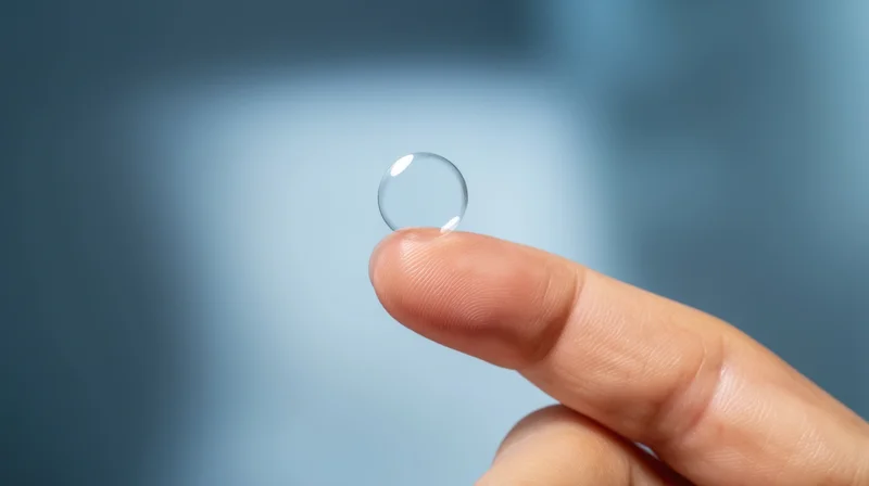 Close-up of a contact lens balanced on a fingertip against a blurred blue background