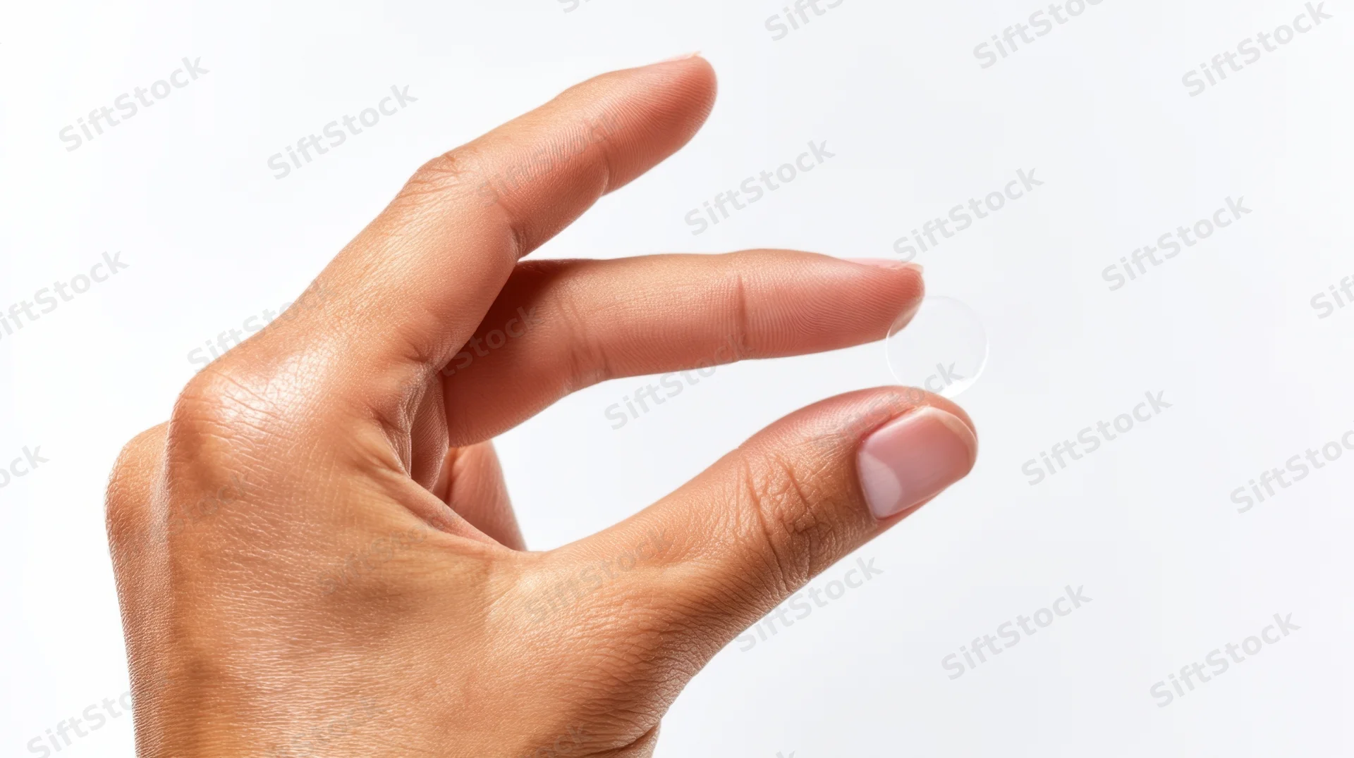 Hand holding a transparent contact lens against white background