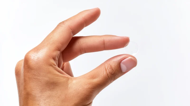 Hand holding a transparent contact lens against white background