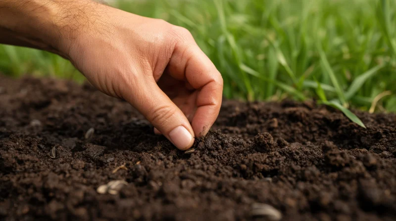 Hand placing seed into dark soil in a garden bed