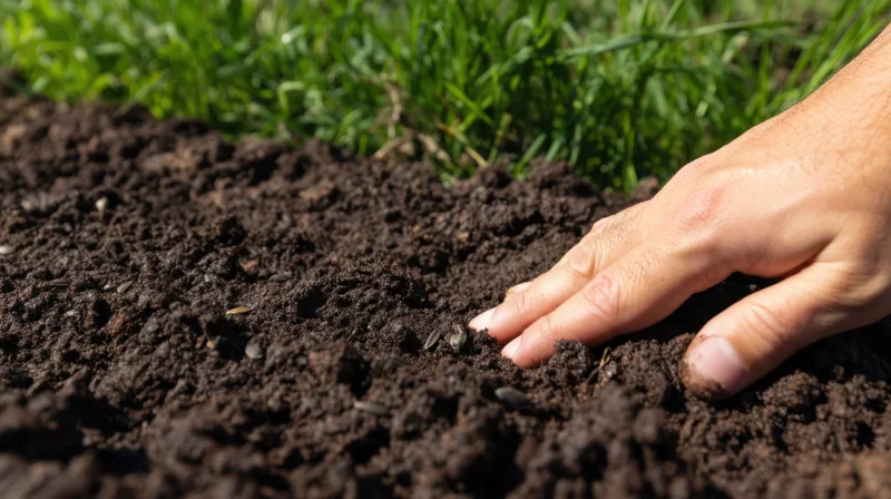 Hand pressing seeds into dark soil in a garden bed