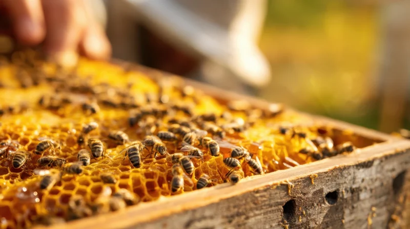 Close-up of bees on honeycomb in wooden frame held by beekeeper outdoors