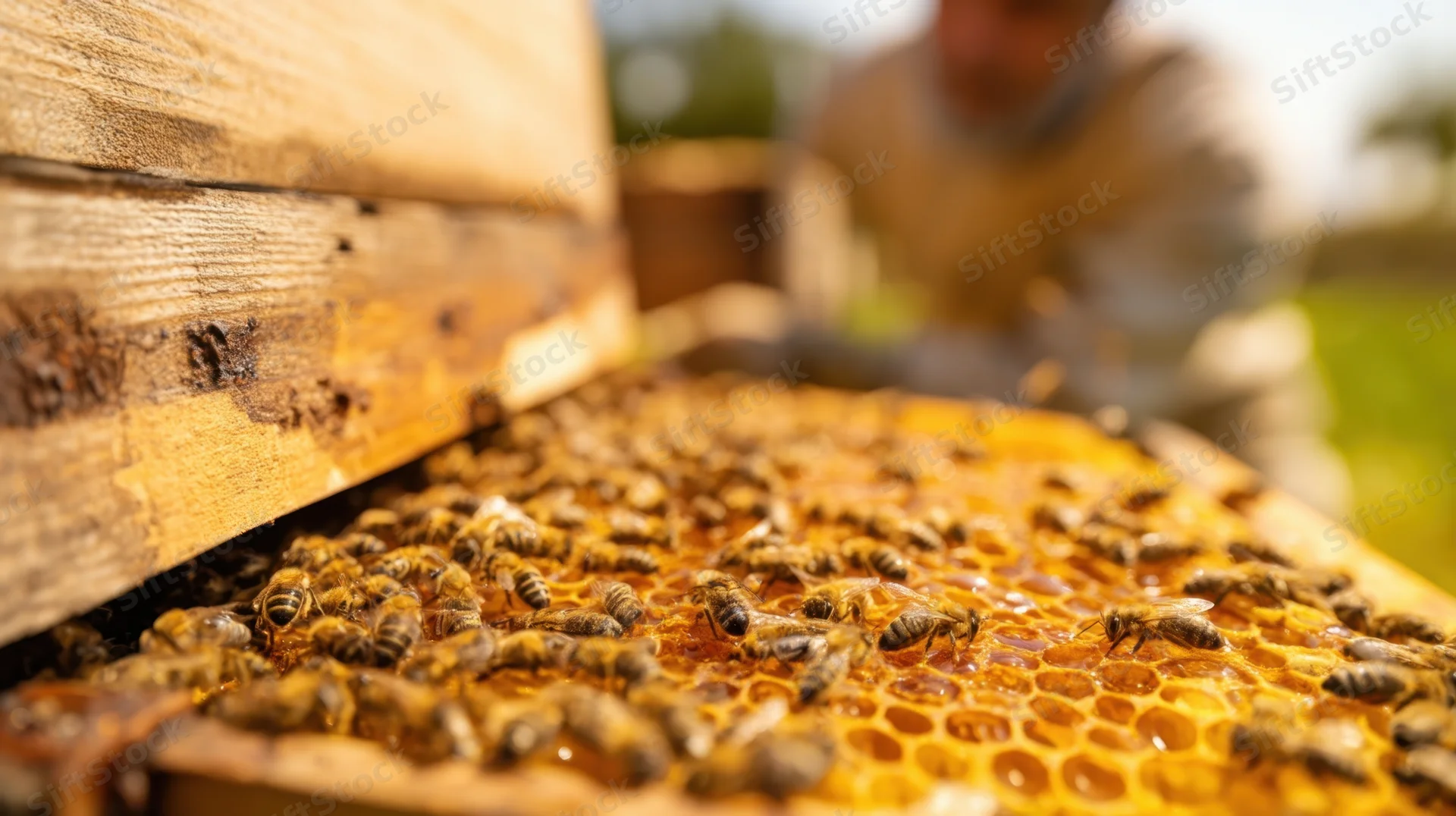 Honeybees crawling on honeycomb in wooden hive frame with beekeeper in background
