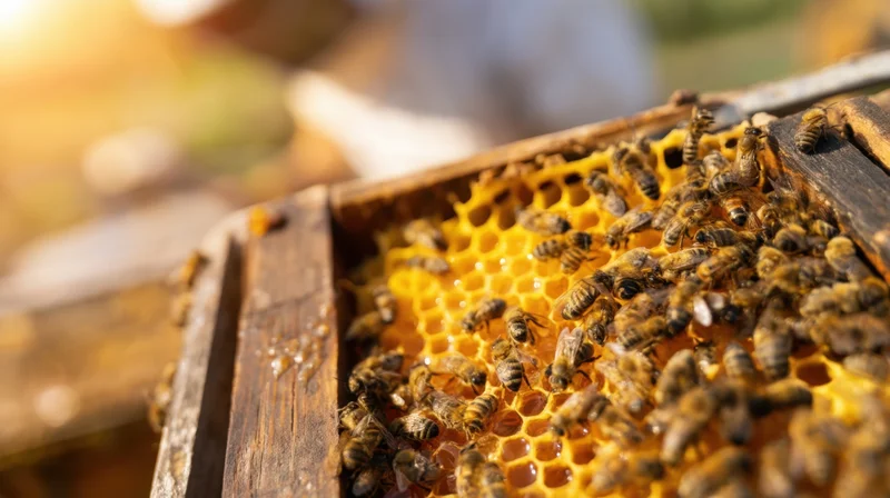 Honeybees crawling over honeycomb in a wooden hive frame outdoors