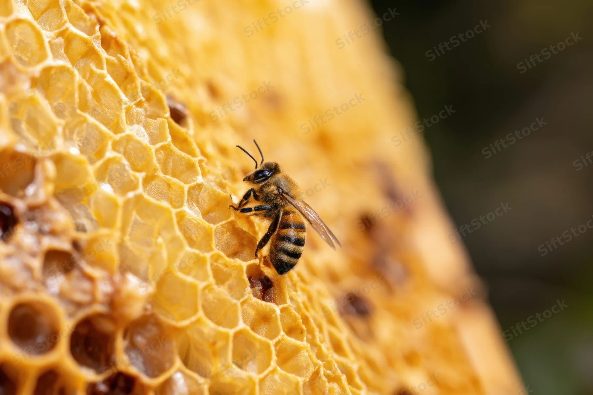 Honeybee crawling on honeycomb structure in close-up view