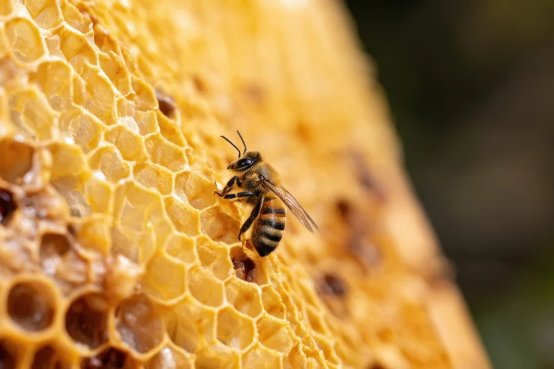 Honeybee crawling on honeycomb structure in close-up view
