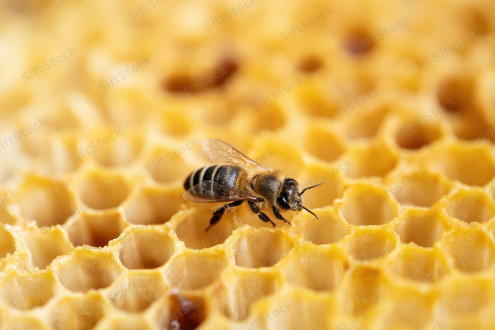 Honeybee crawling on honeycomb structure in close-up view