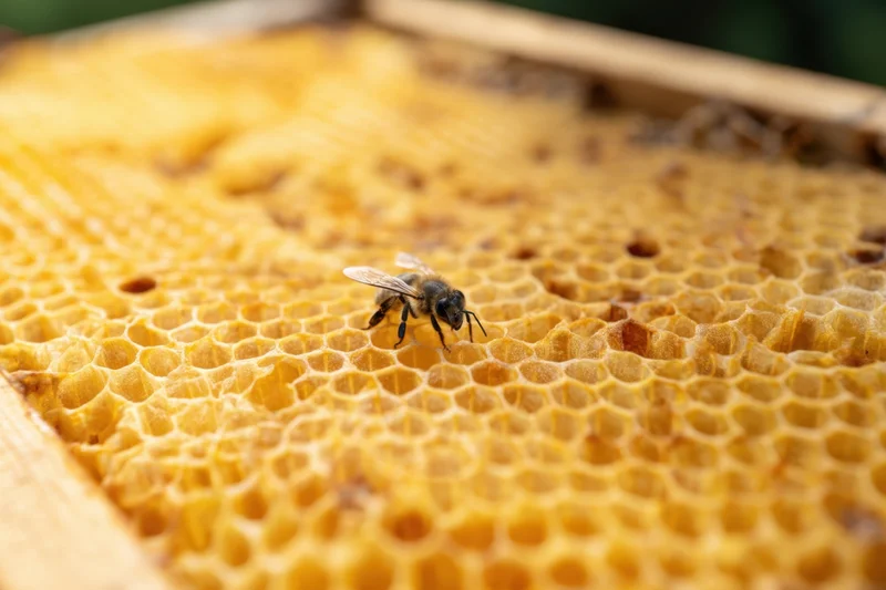 Honeybee crawling on honeycomb structure in wooden hive frame