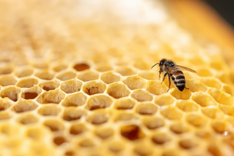 Honeybee crawling on honeycomb structure in close-up view