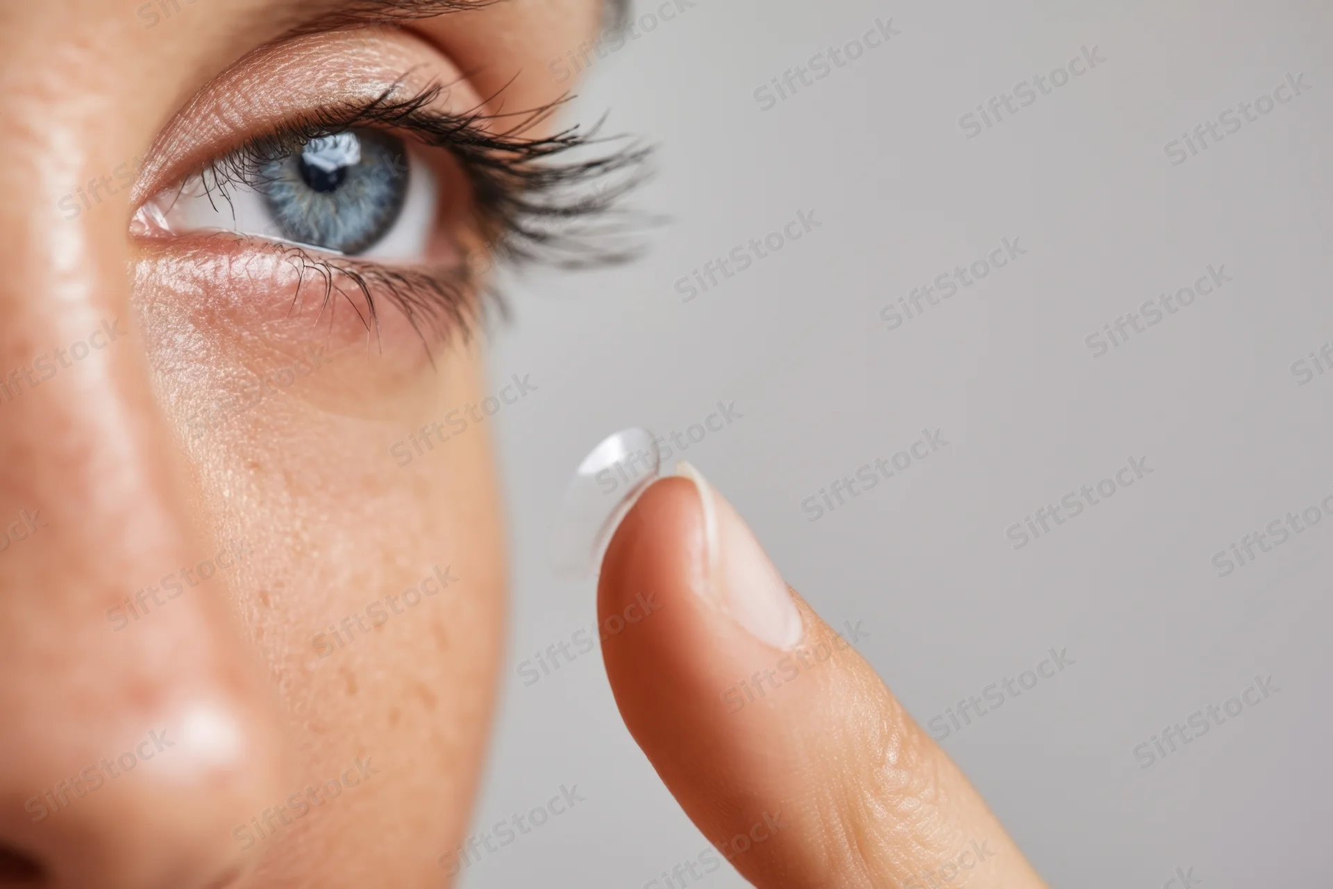 Woman holding contact lens near her blue eye in closeup view