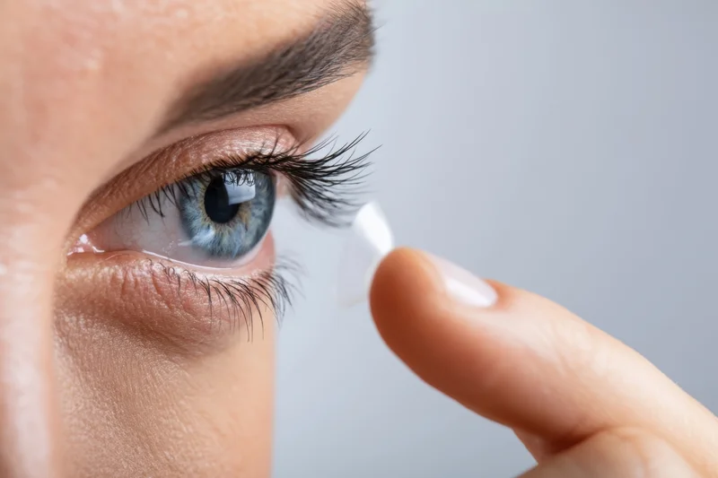 Woman inserting a contact lens into her blue eye closeup