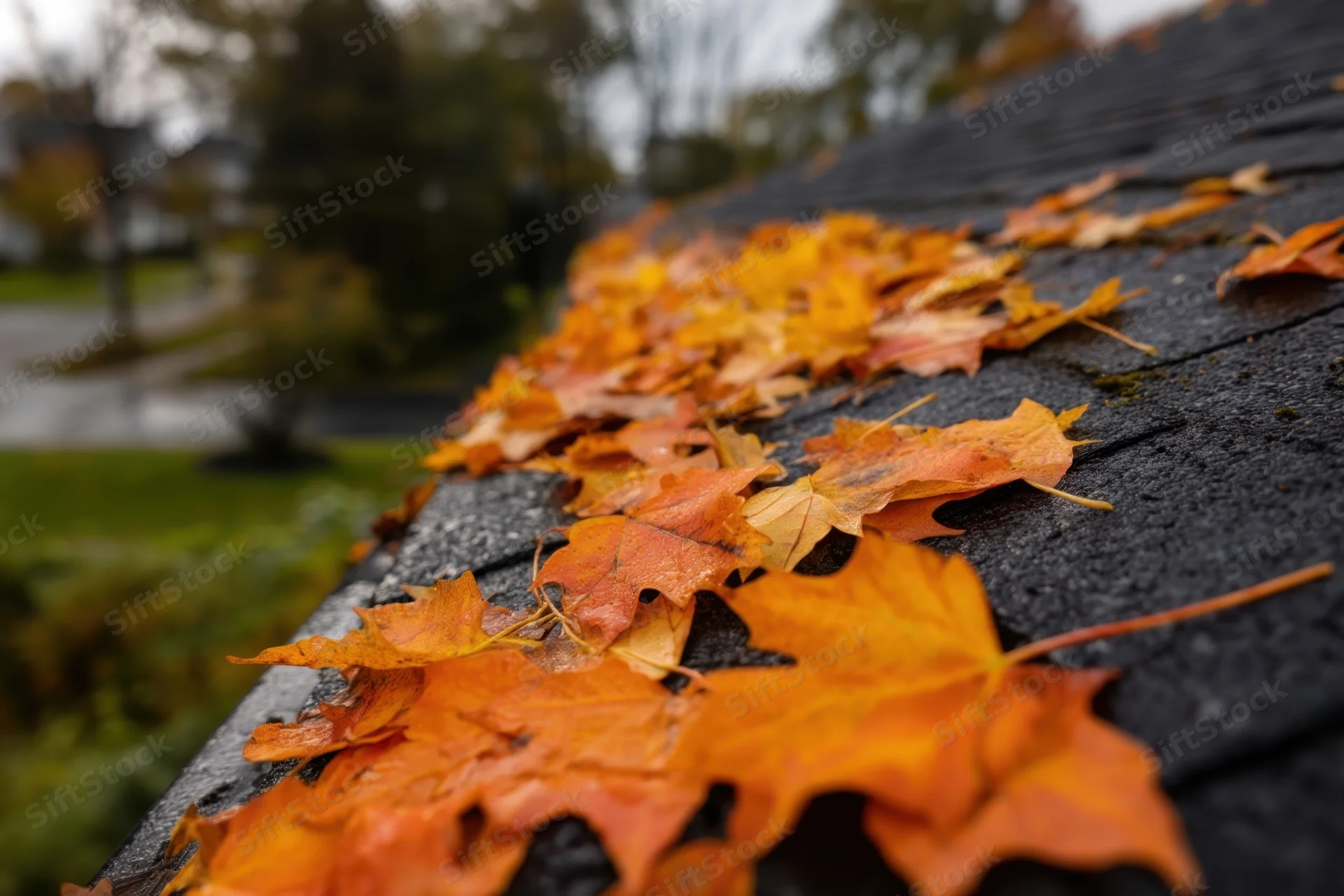 Wet autumn maple leaves scattered across a dark shingled roof in a residential yard