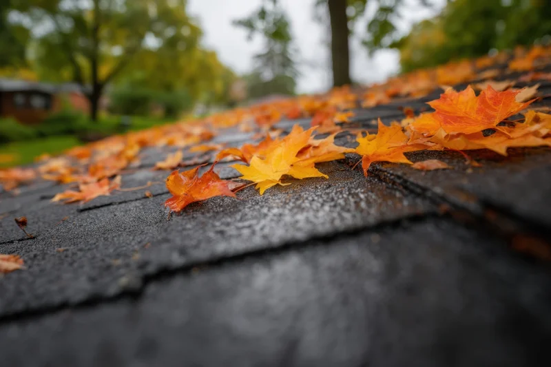 Orange and yellow maple leaves scattered across a wet asphalt shingle roof in a residential backyard during autumn