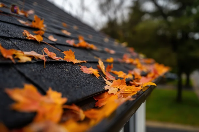 Autumn leaves resting on a black shingled roof near the gutter in a suburban home exterior