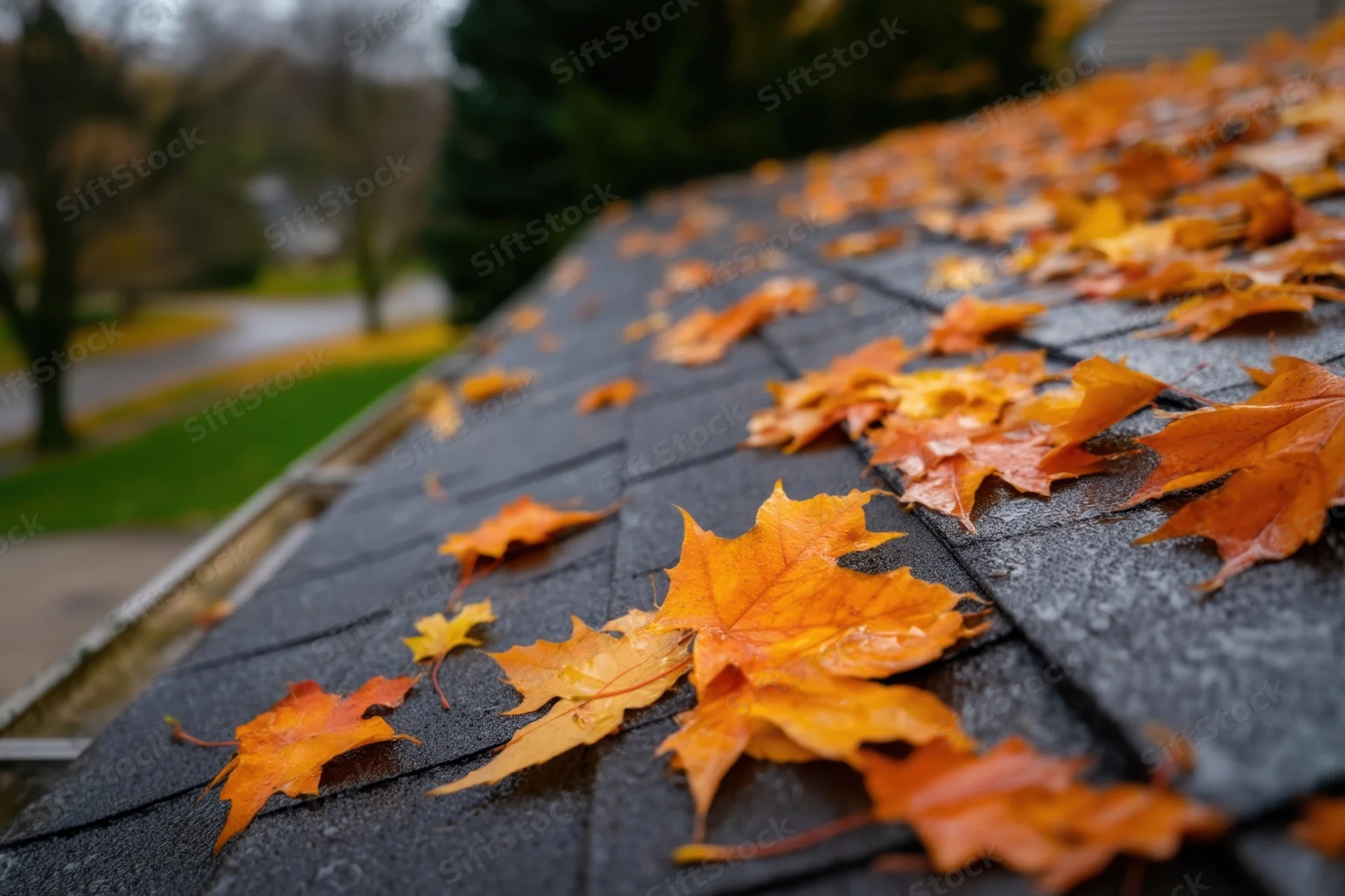 Wet orange maple leaves scattered across a dark shingled roof in a residential yard