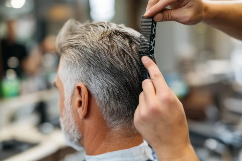 Barber styling gray hair on a man’s head in a salon