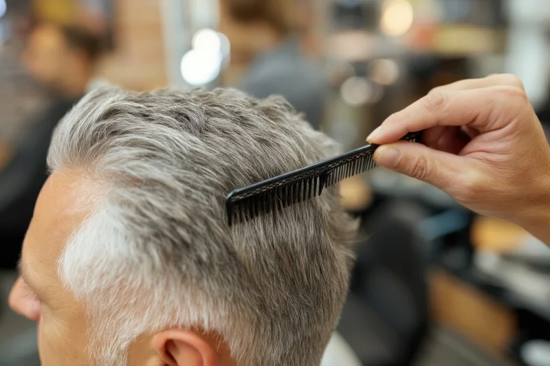 Barber combing gray hair on a man in a salon