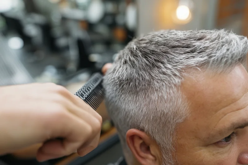 Close-up of a man receiving a haircut with a comb in a salon
