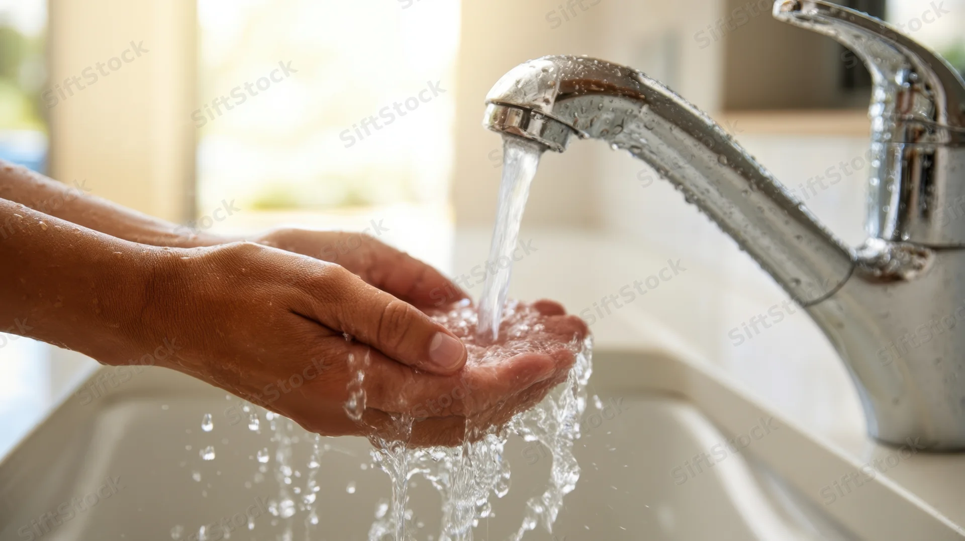 Hands cupped under running water from a chrome faucet in a white sink