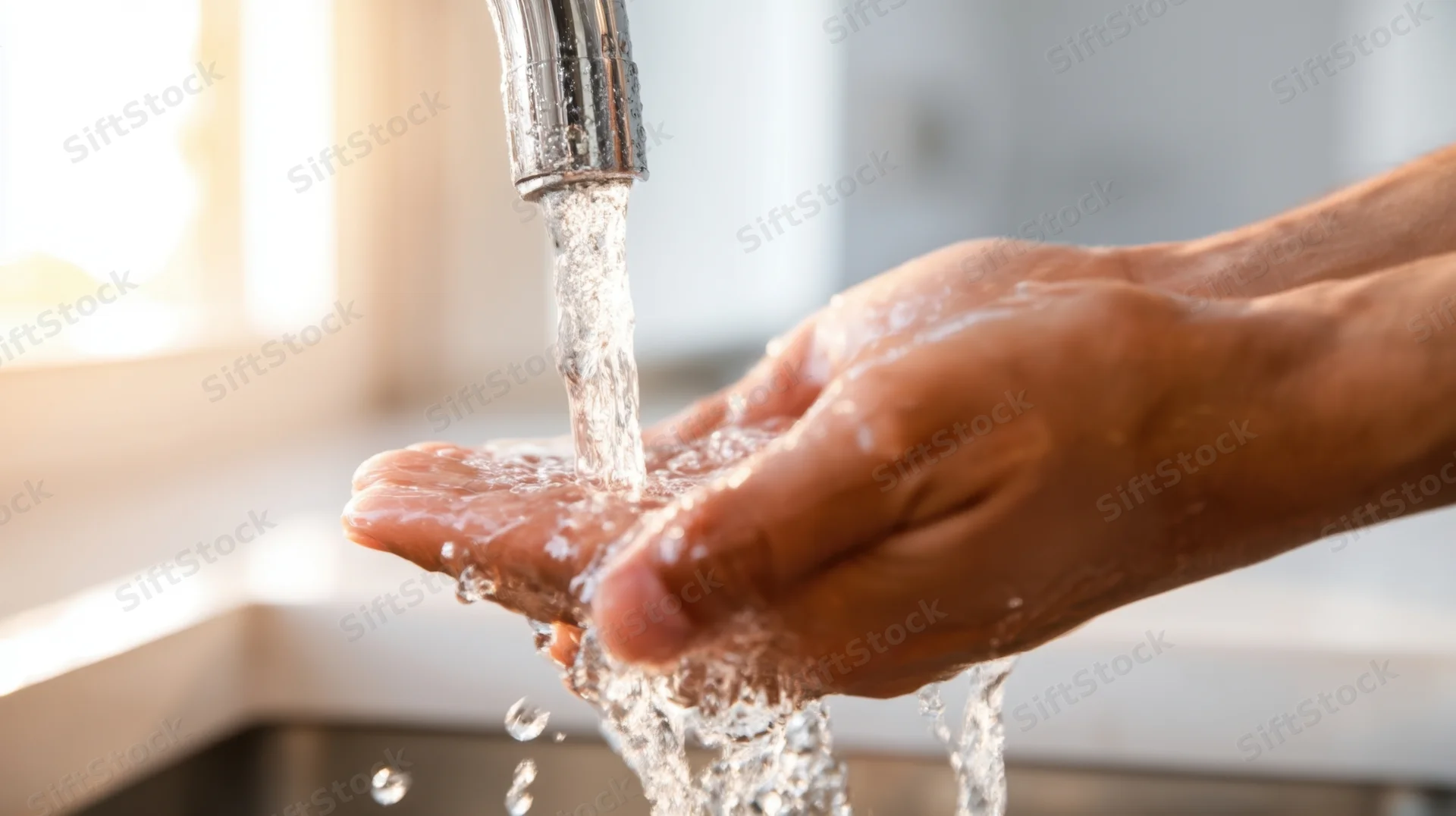 Hands cupping running water from a faucet in a kitchen sink