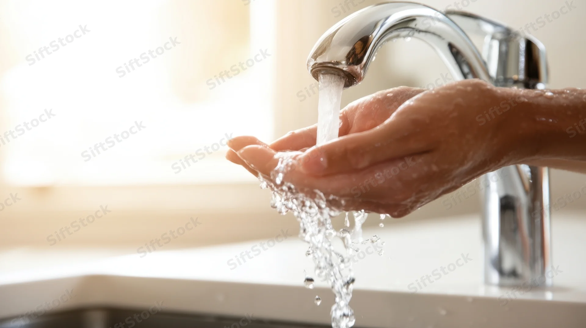 Hands cupping running water from a chrome faucet over a sink