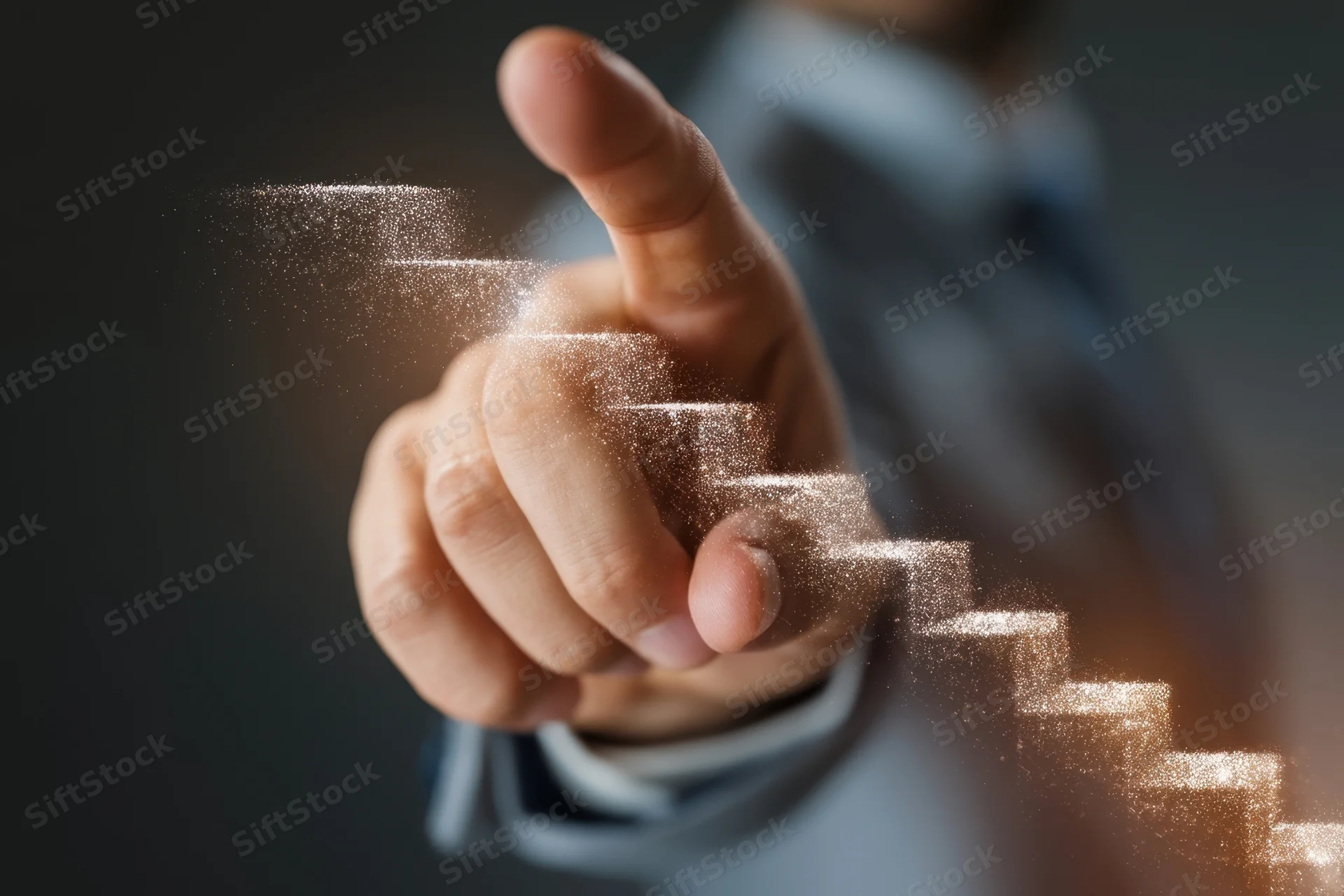 Man's hand touching a glowing digital graph showing upward growth