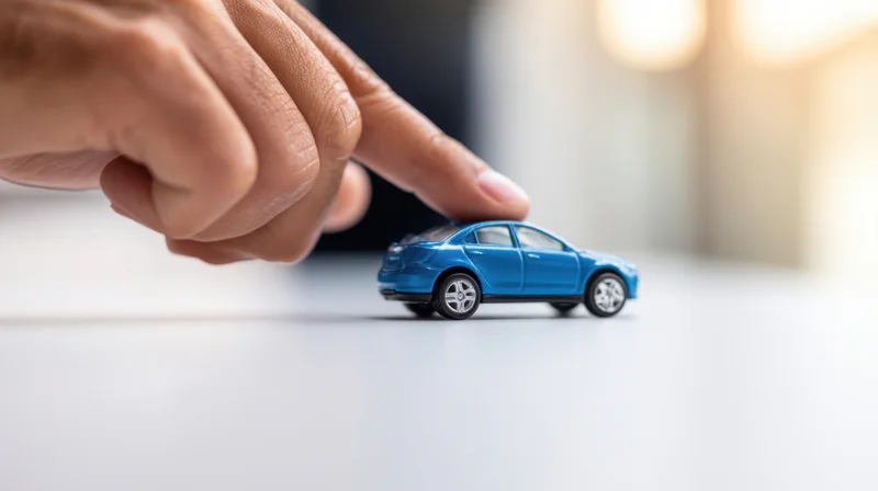 Hand pointing at a blue toy car on a white surface