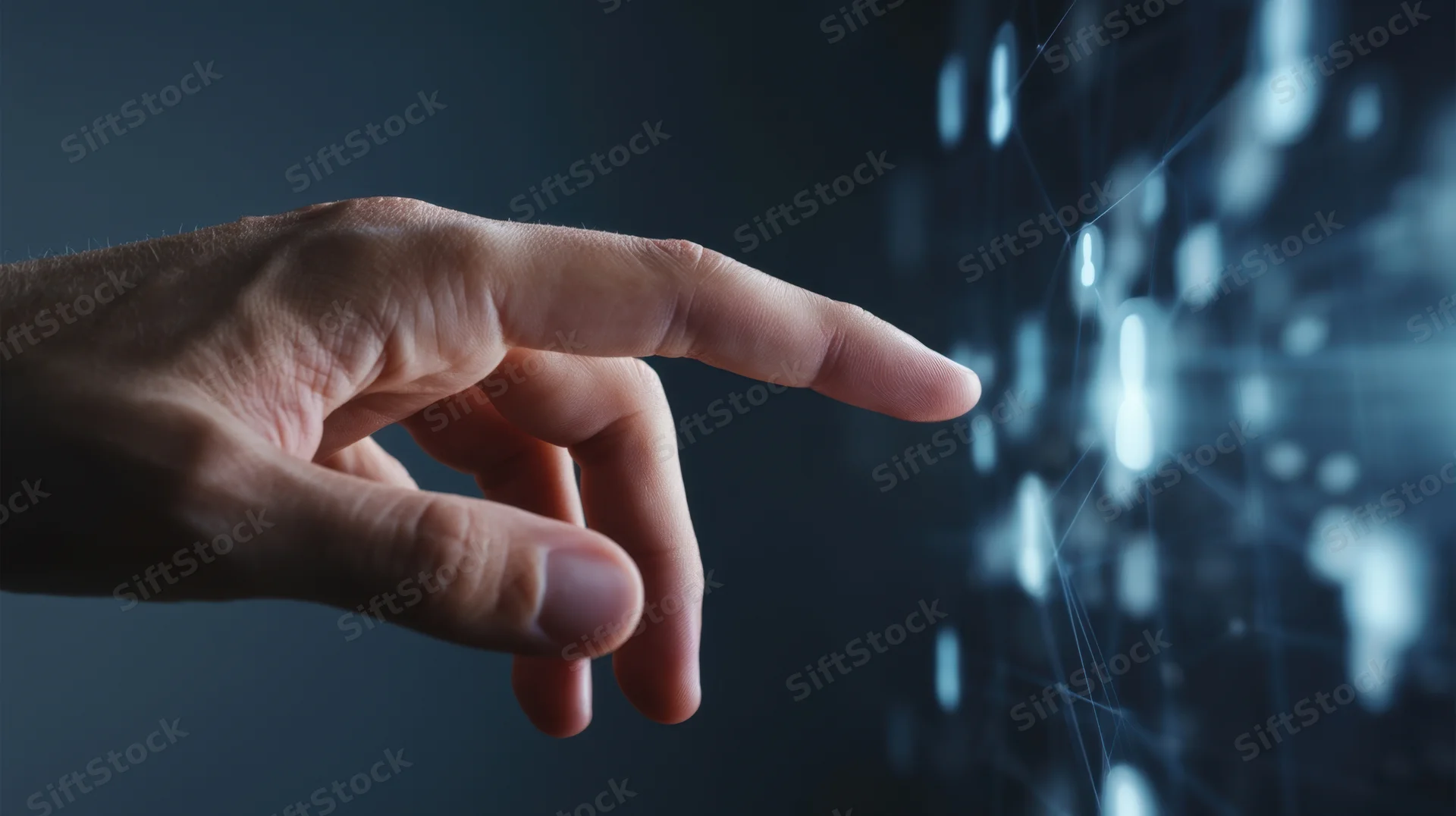 Hand reaching to touch a glowing digital network interface in a dark space