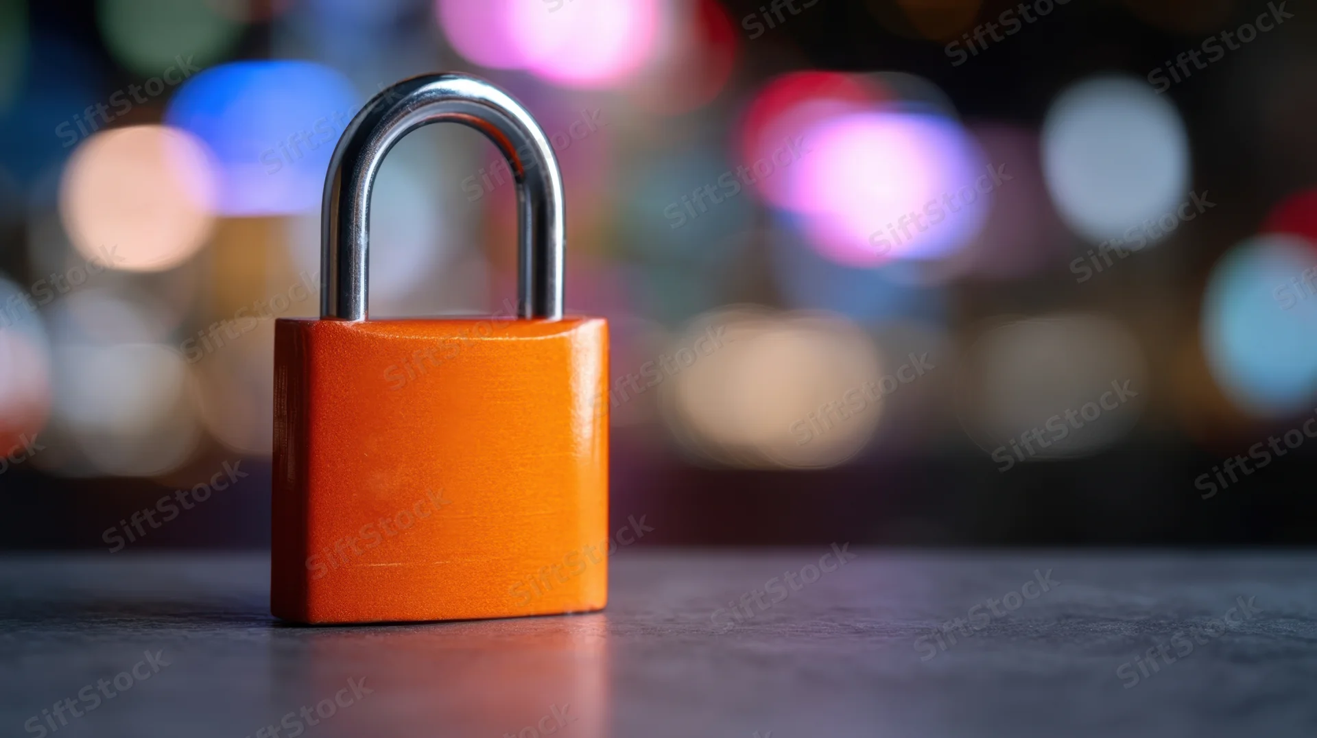 Orange padlock on dark surface with blurred city lights at night