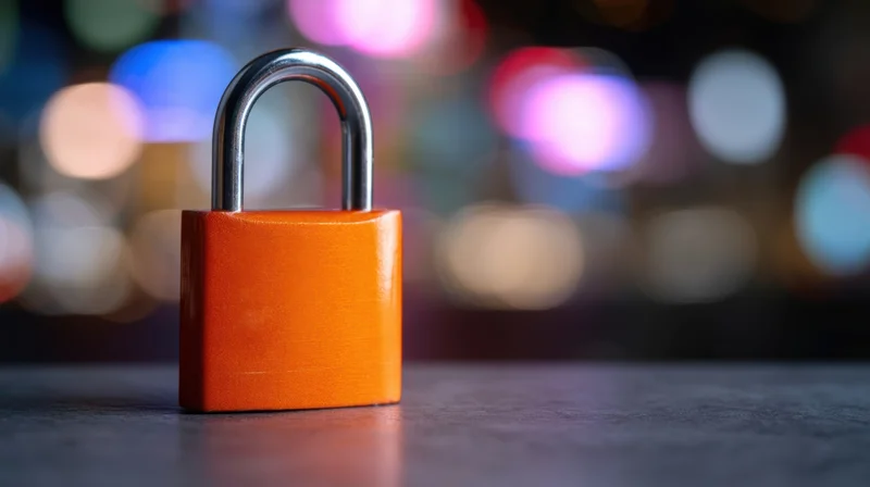 Orange padlock on dark surface with blurred city lights at night