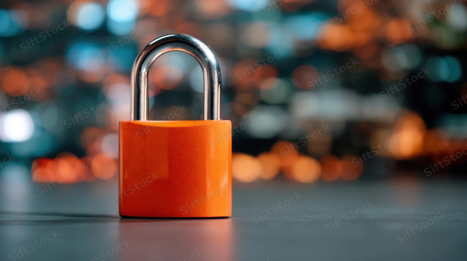 Orange padlock on dark surface with blurred city lights at night