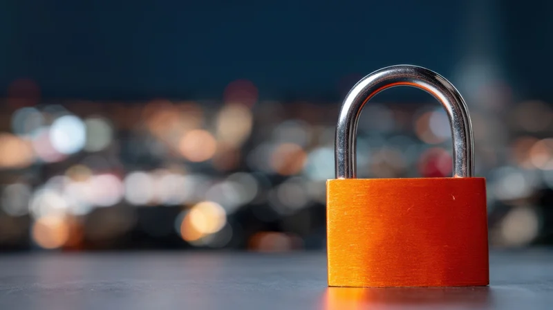 Orange padlock on dark surface with blurred city lights at night