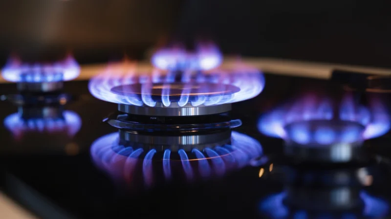 Close-up of blue flames on a gas stove burner in a kitchen