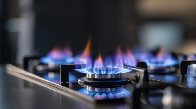 Close-up of blue flames burning on a gas stove cooktop in a kitchen