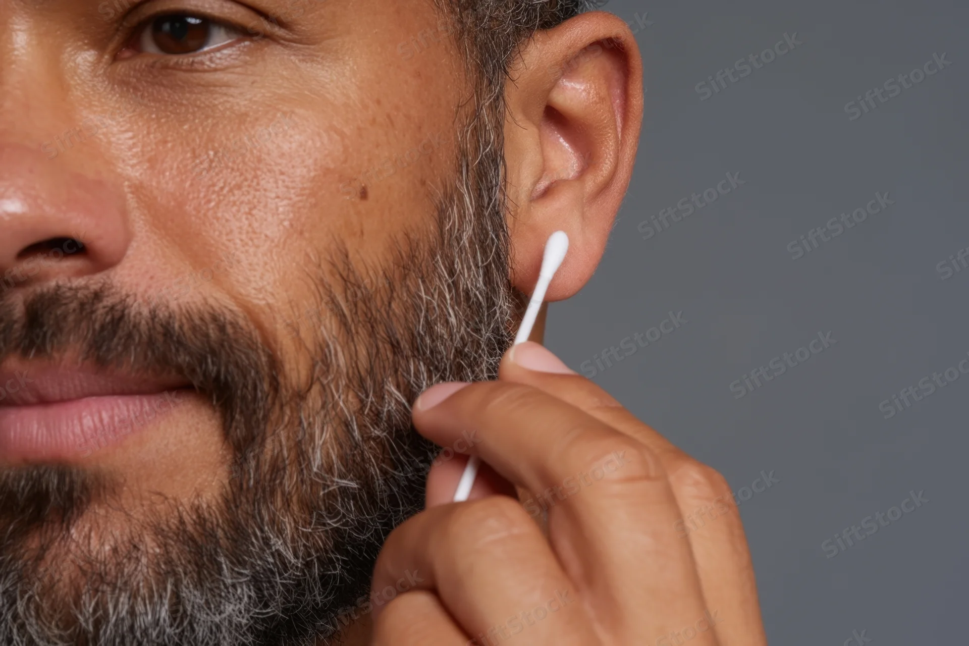 Man with beard using cotton swab to clean his ear