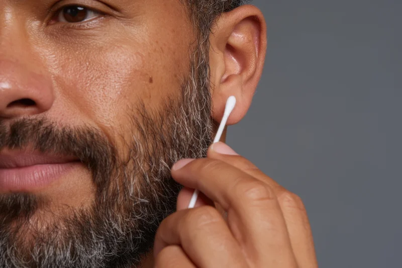 Man with beard using cotton swab to clean his ear