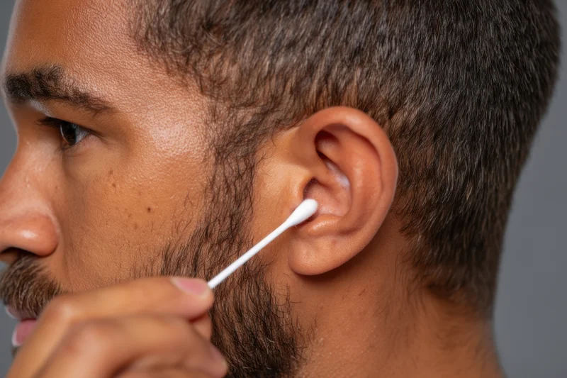 Man cleaning his ear with a cotton swab in profile view