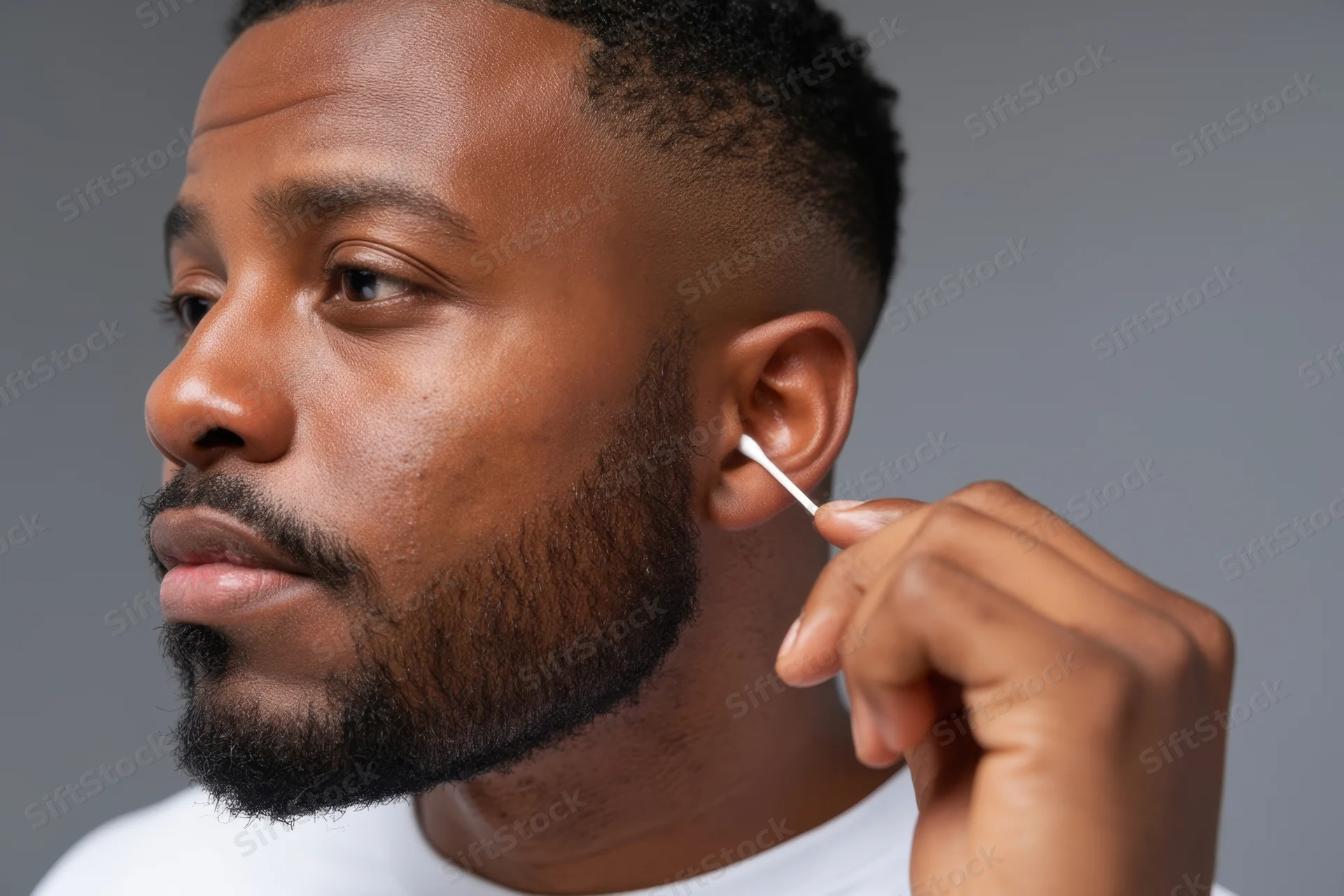 African man cleaning his ear with a cotton swab in profile view