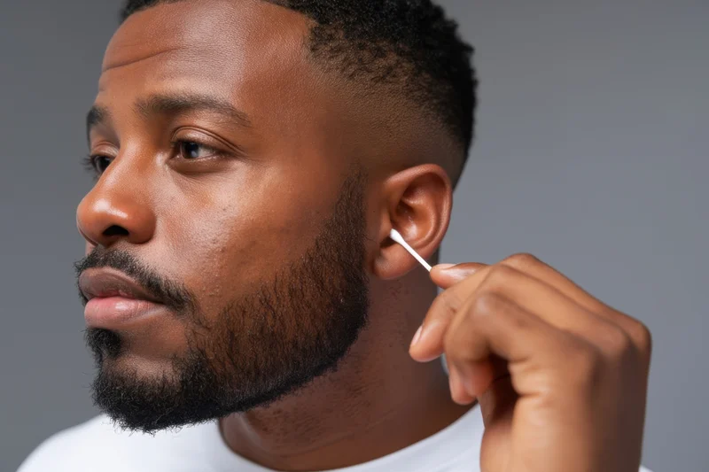 African man cleaning his ear with a cotton swab in profile view