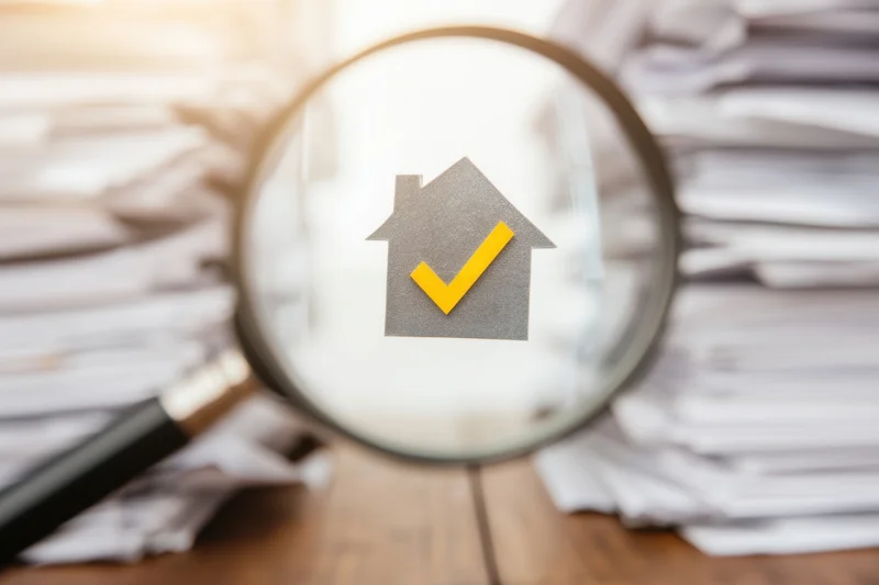 Magnifying glass over a house icon with checkmark resting on a stack of documents on a wooden desk