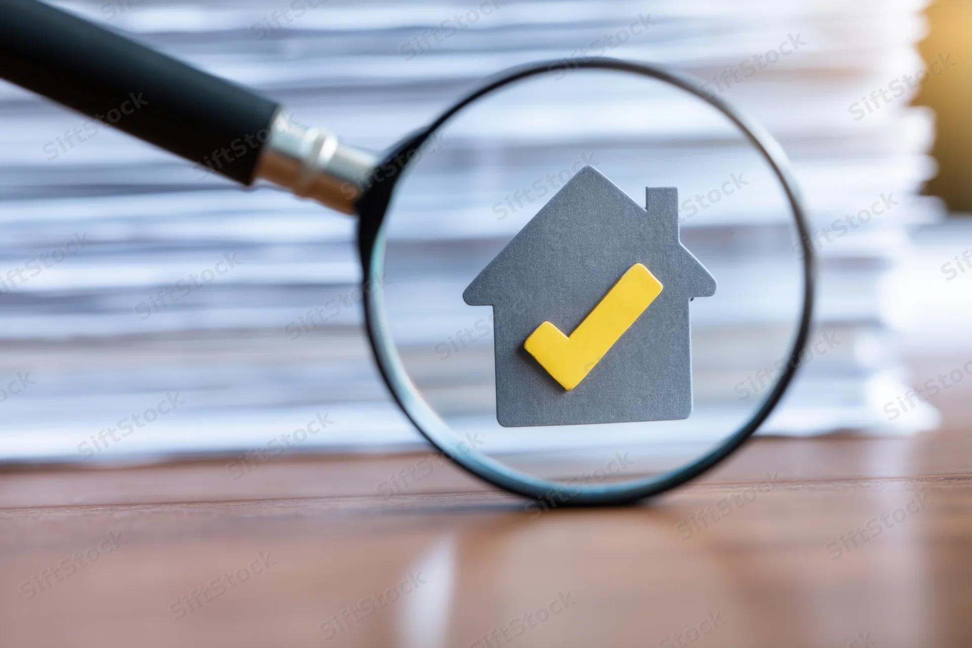 Magnifying glass over a house icon with yellow checkmark on a desk with stacked papers in background