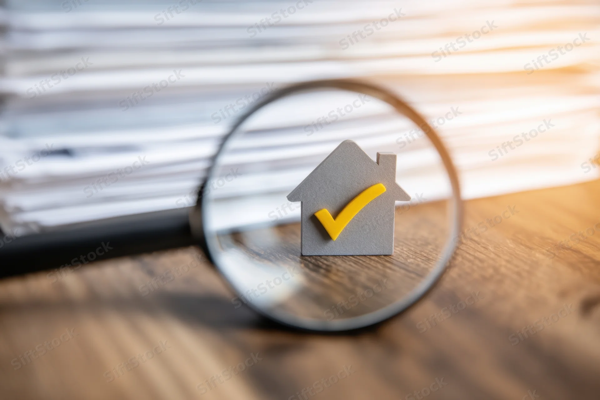 Magnifying glass over a small house model with a yellow checkmark on a wooden desk near a stack of documents