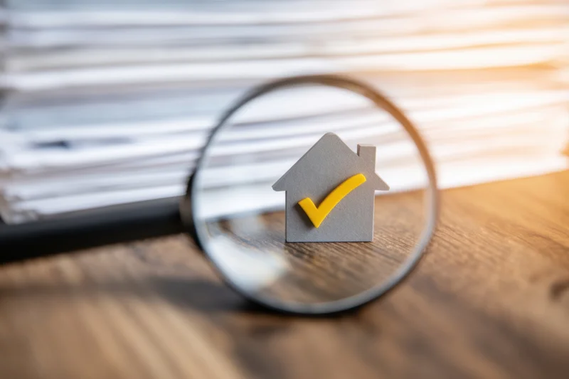 Magnifying glass over a small house model with a yellow checkmark on a wooden desk near a stack of documents