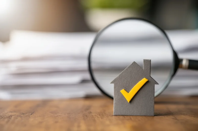 Magnifying glass over a paper house with yellow checkmark on wooden desk with documents in background