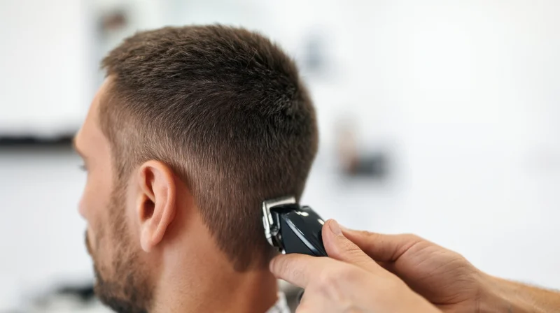 Man receiving haircut with electric trimmer at salon