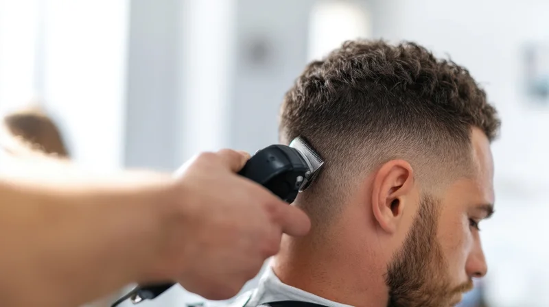 Barber using electric clippers to trim a man's hair in a barbershop