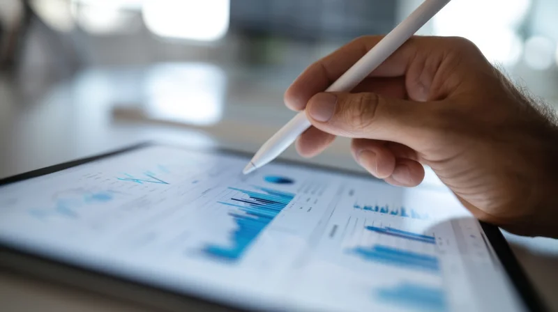 Hand holding stylus interacting with data charts on tablet screen in office setting
