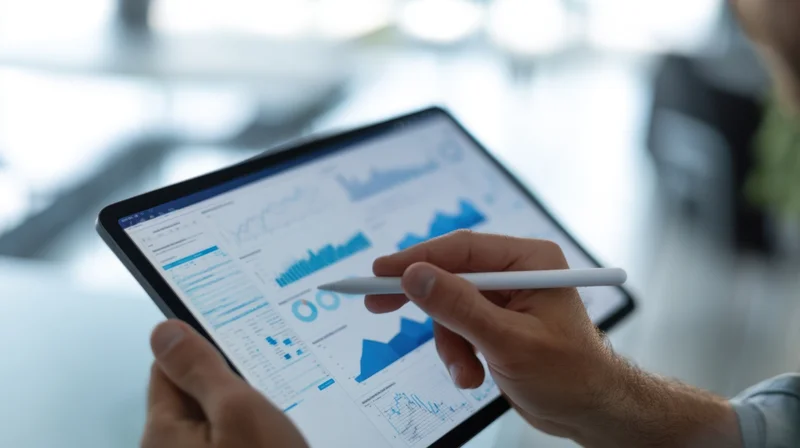 Man using stylus to interact with data dashboard on tablet in office setting