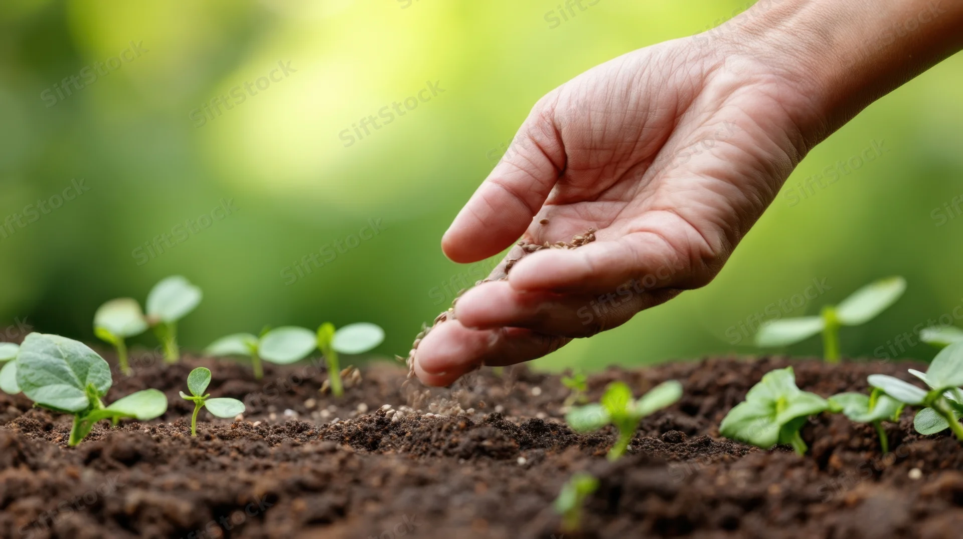 Hand sprinkling soil over small seedlings in a garden bed