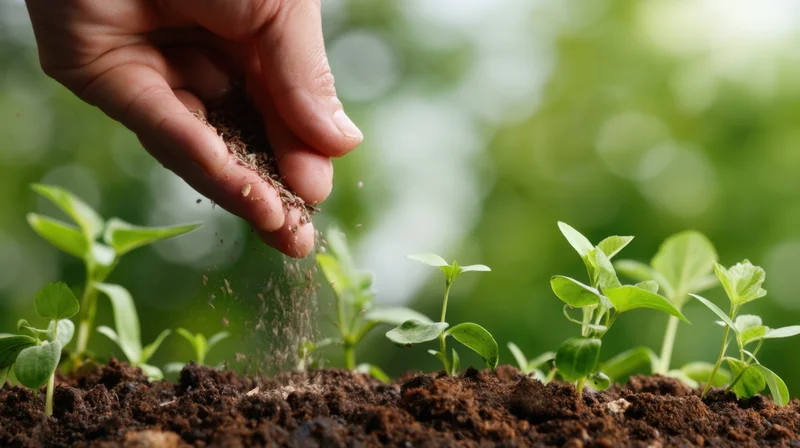 Hand sprinkling seeds onto soil with young green sprouts in a garden bed